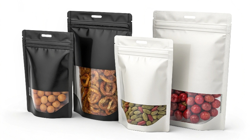 Mylar bag showcasing different design options like zipper, hang hole, and window