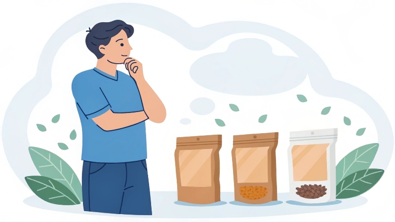 Startup Founder with Flexible MOQ Packaging A startup founder smiling while looking at a small, manageable order of custom pouches