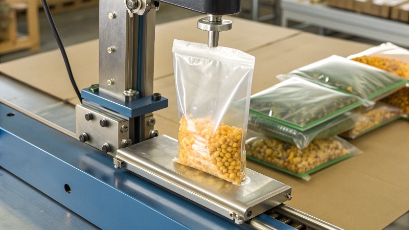 A heat sealer machine sealing a stand up pouch Sealing a stand up pouch